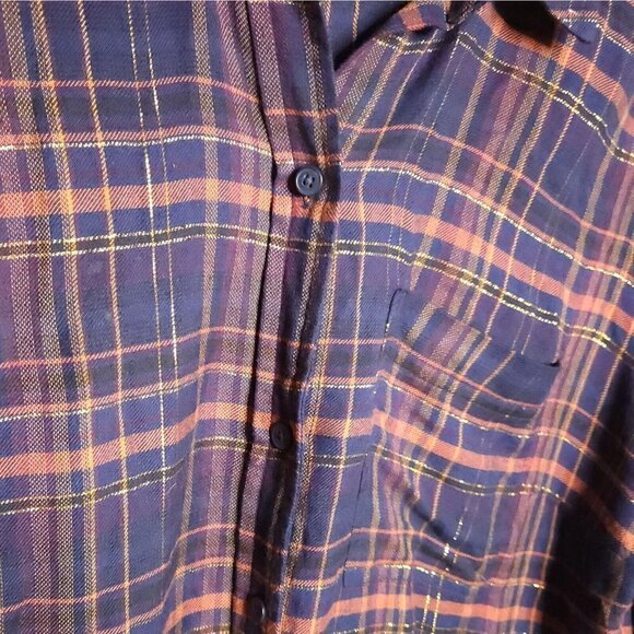 Lucky Brand Black Orange Gold Metallic Detail Plaid Button Front Large - Picture 3 of 7